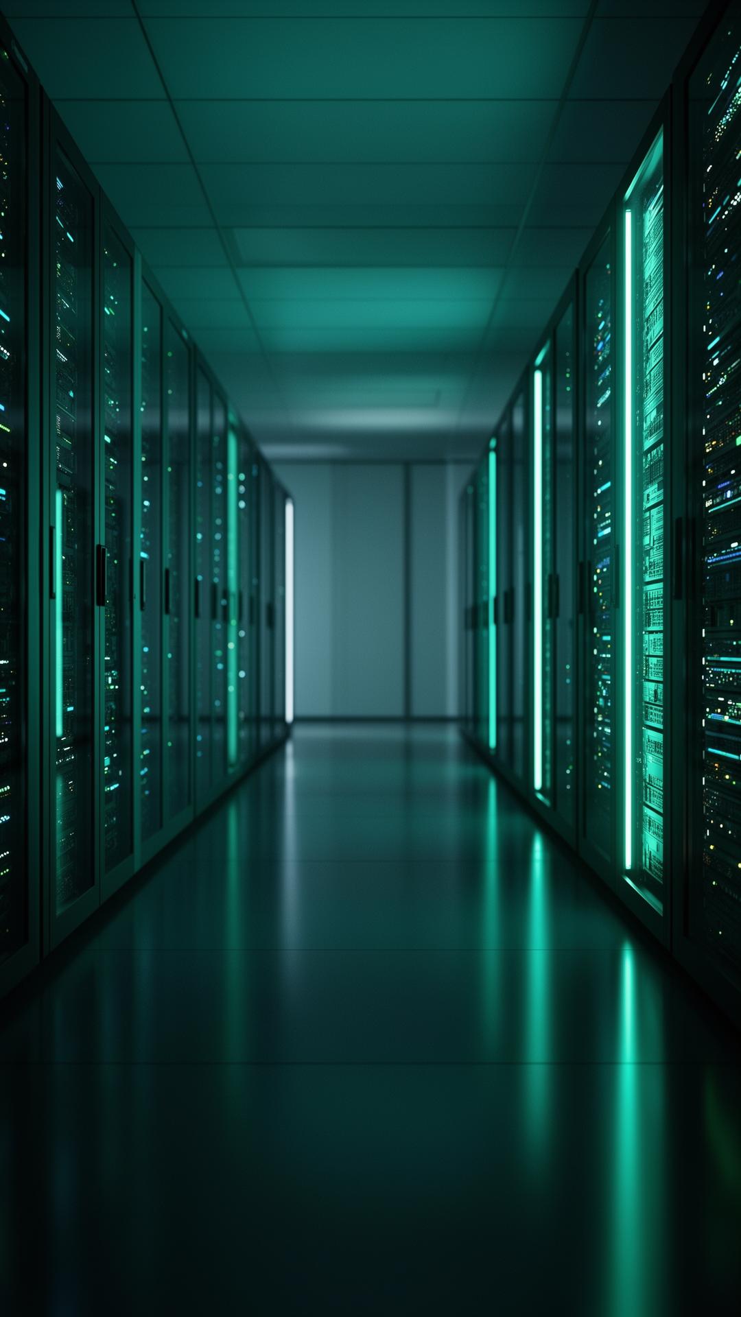Modern enterprise data center with teal LED-lit server racks